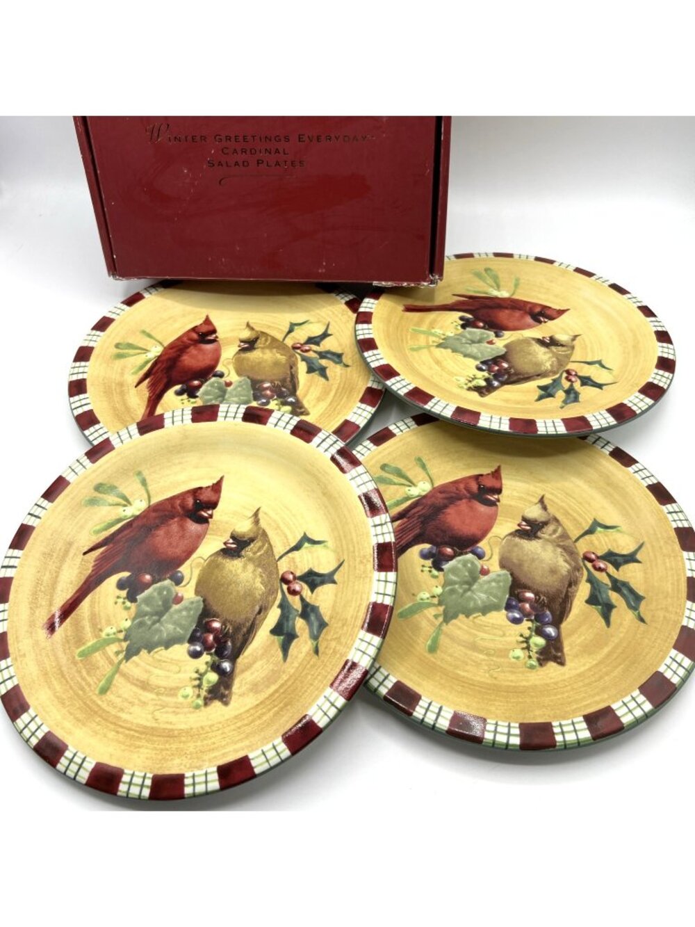 Lenox Winter Greetings Cardinal Salad Plates 4 Pc Set 8.5 Inches Red Gold
